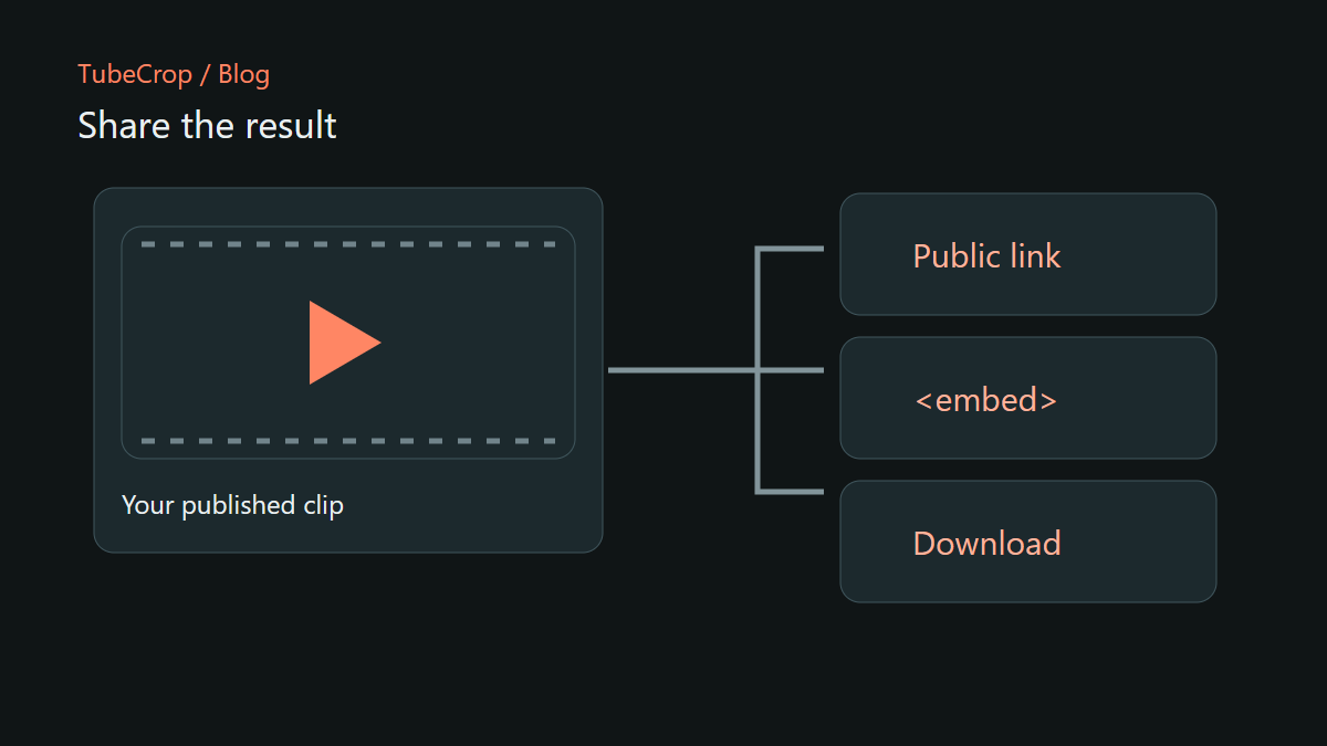 A published clip connects to a public link, an embed and a download.